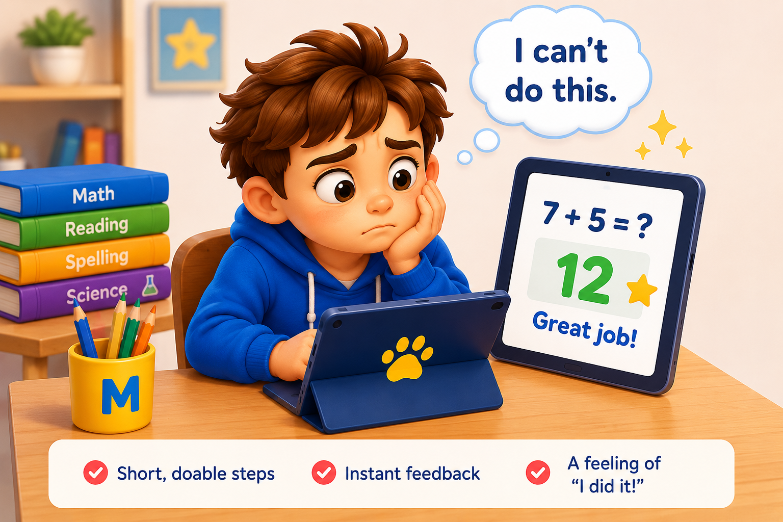 A child experiencing a small success while practicing mental math