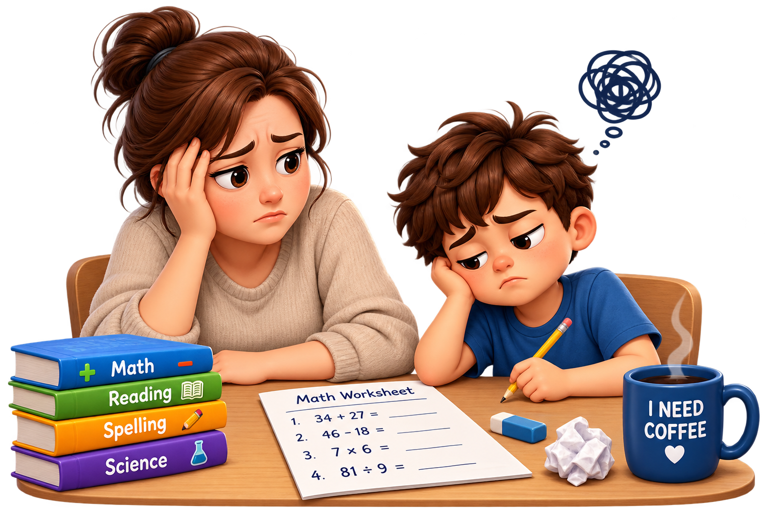 A parent and child facing a difficult evening math practice routine